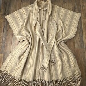 Vintage Wool Handmade Poncho Cape Striped‎ Beige Button Fringe Shawl Wrap
